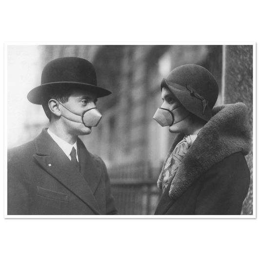 Influensa ansiktsmasker tjugotalet vintage bilder foton London hattar poster med gamla bilder postrar skyddsmask pandemi influensa väggdekorationer
