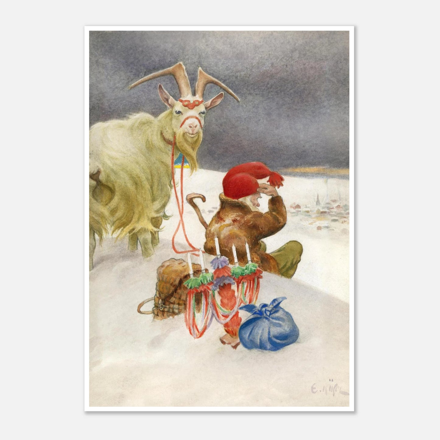Poster med en bild på jultomten av Ernst Küsel