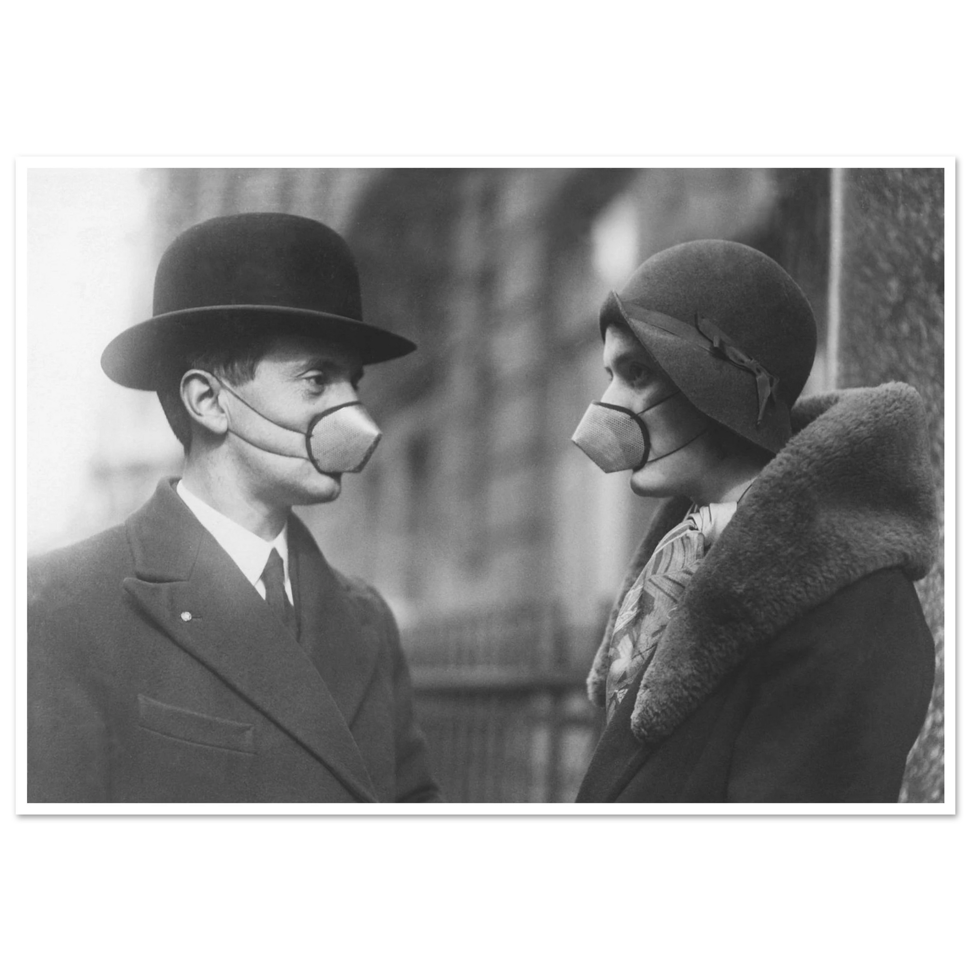 Influensa ansiktsmasker tjugotalet vintage bilder foton London hattar poster med gamla bilder postrar skyddsmask pandemi influensa väggdekorationer 